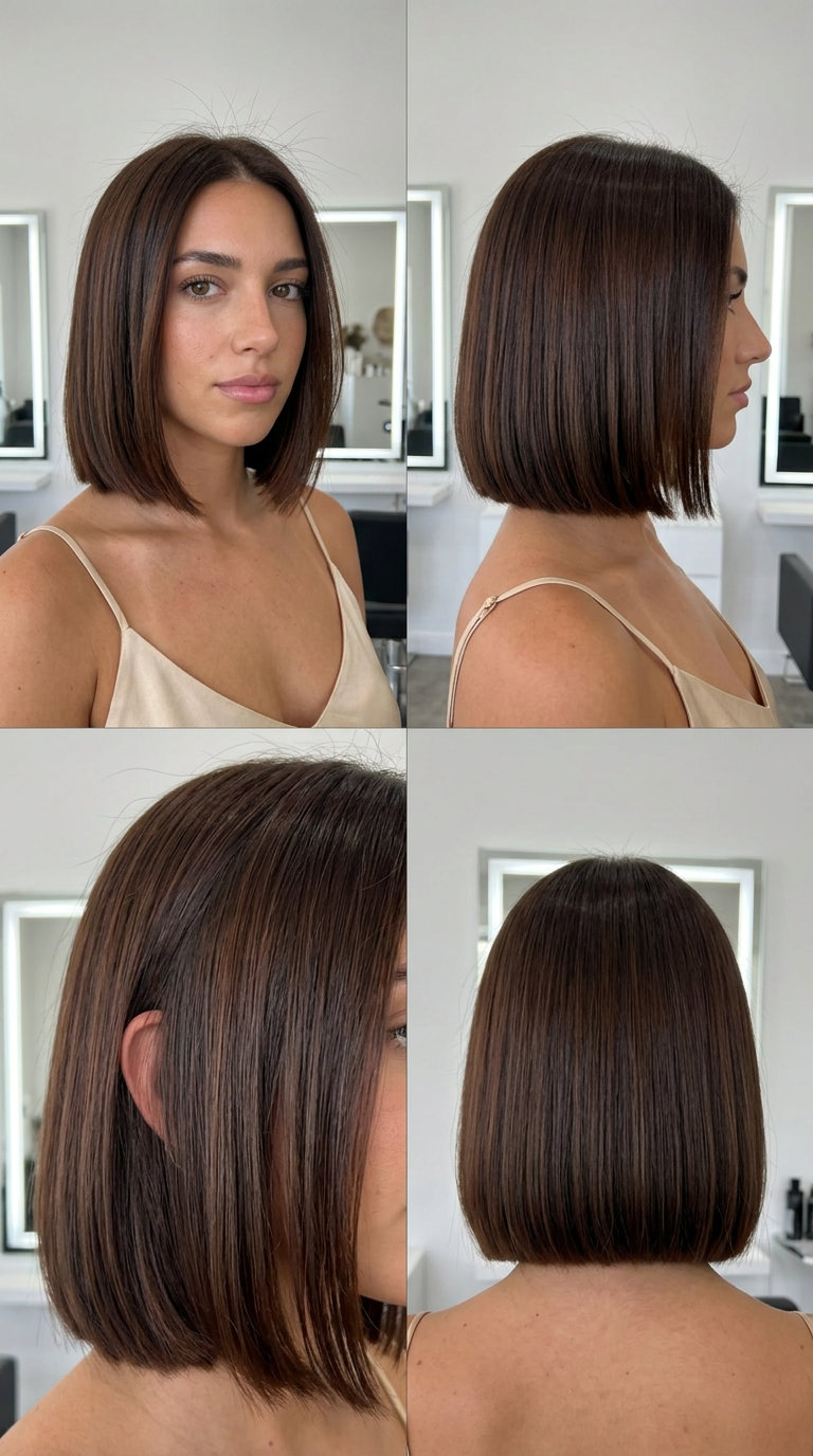short blunt cut haircut in espresso brown, cool undertones for professional look