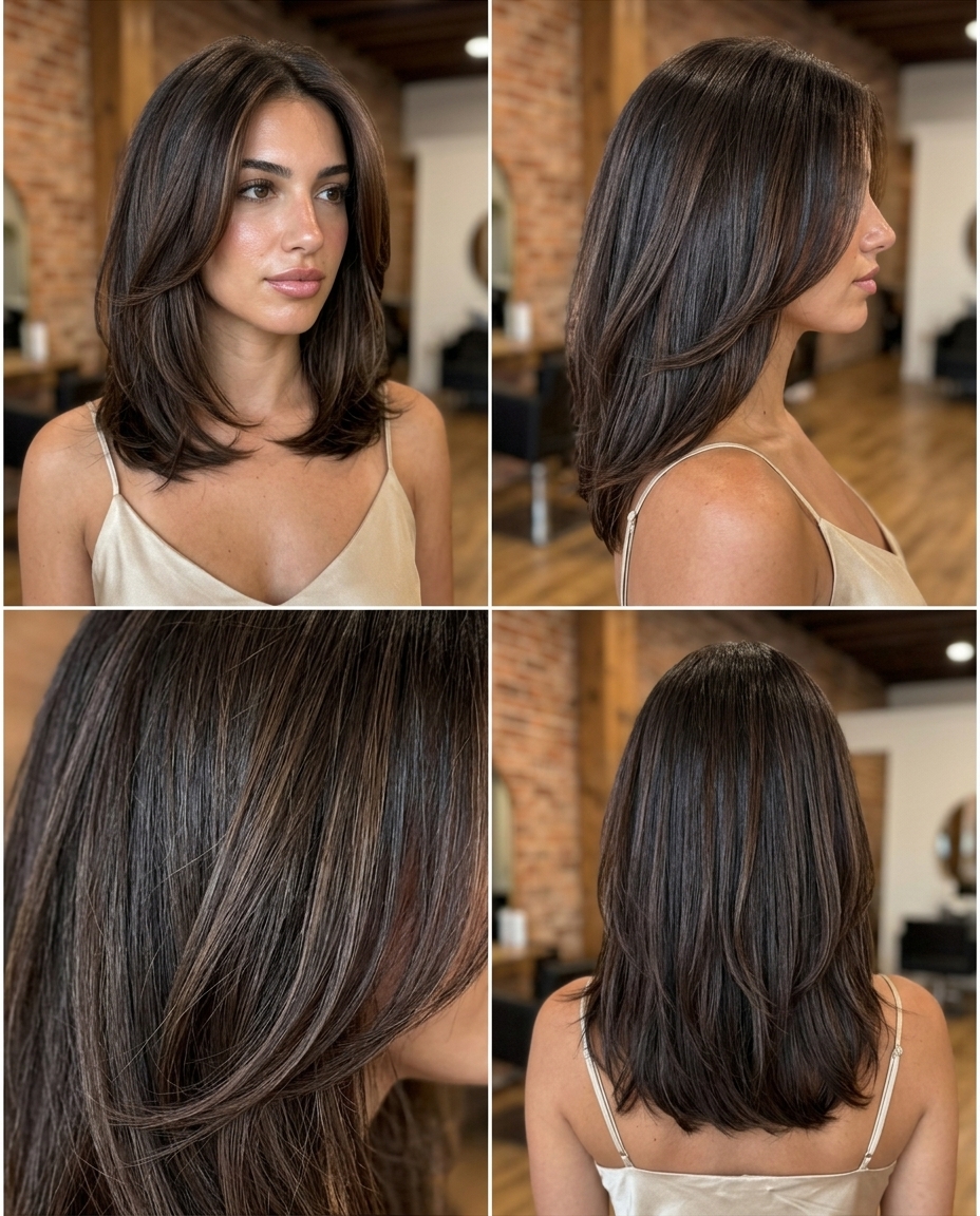 shoulder-length shag in espresso brown with mocha ribbons, inward-curving layers, blended face-framing — sophisticated classic style