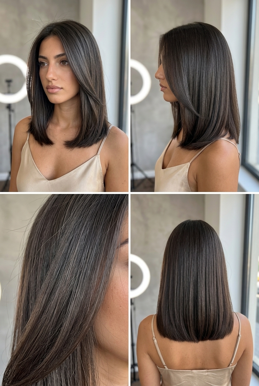 shoulder-length espresso bean solid with cool ash undertones, high-gloss finish — sophisticated office look