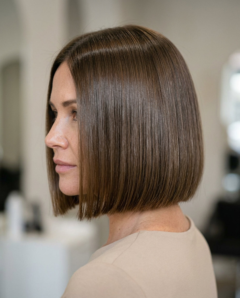chin-length blunt bob haircut in deep espresso brunette with clear gloss for sleek style