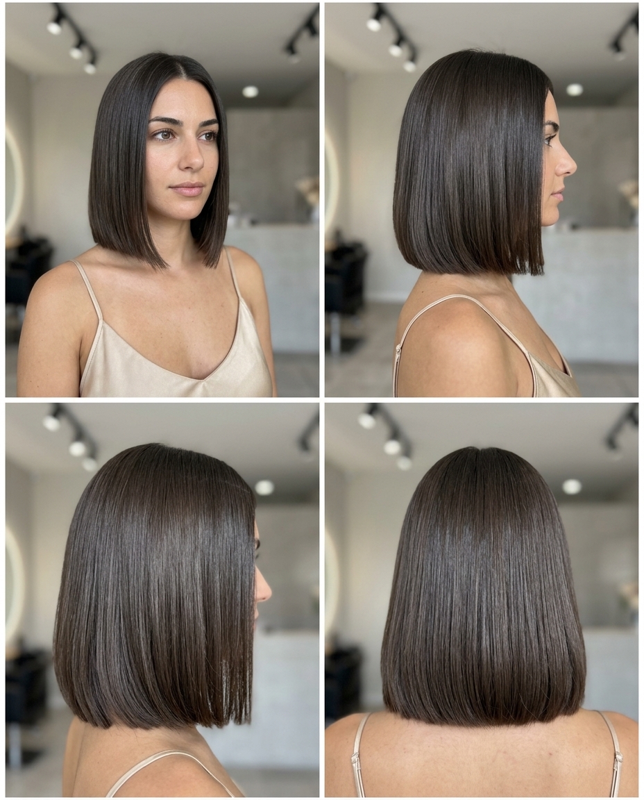 Chin-length bob haircut in deep espresso brunette with root melt, sharp blunt perimeter, no bangs — sophisticated chic