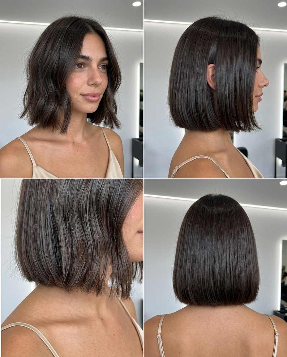 chin-length espresso brunette bob with blunt cut and high gloss for sophistication