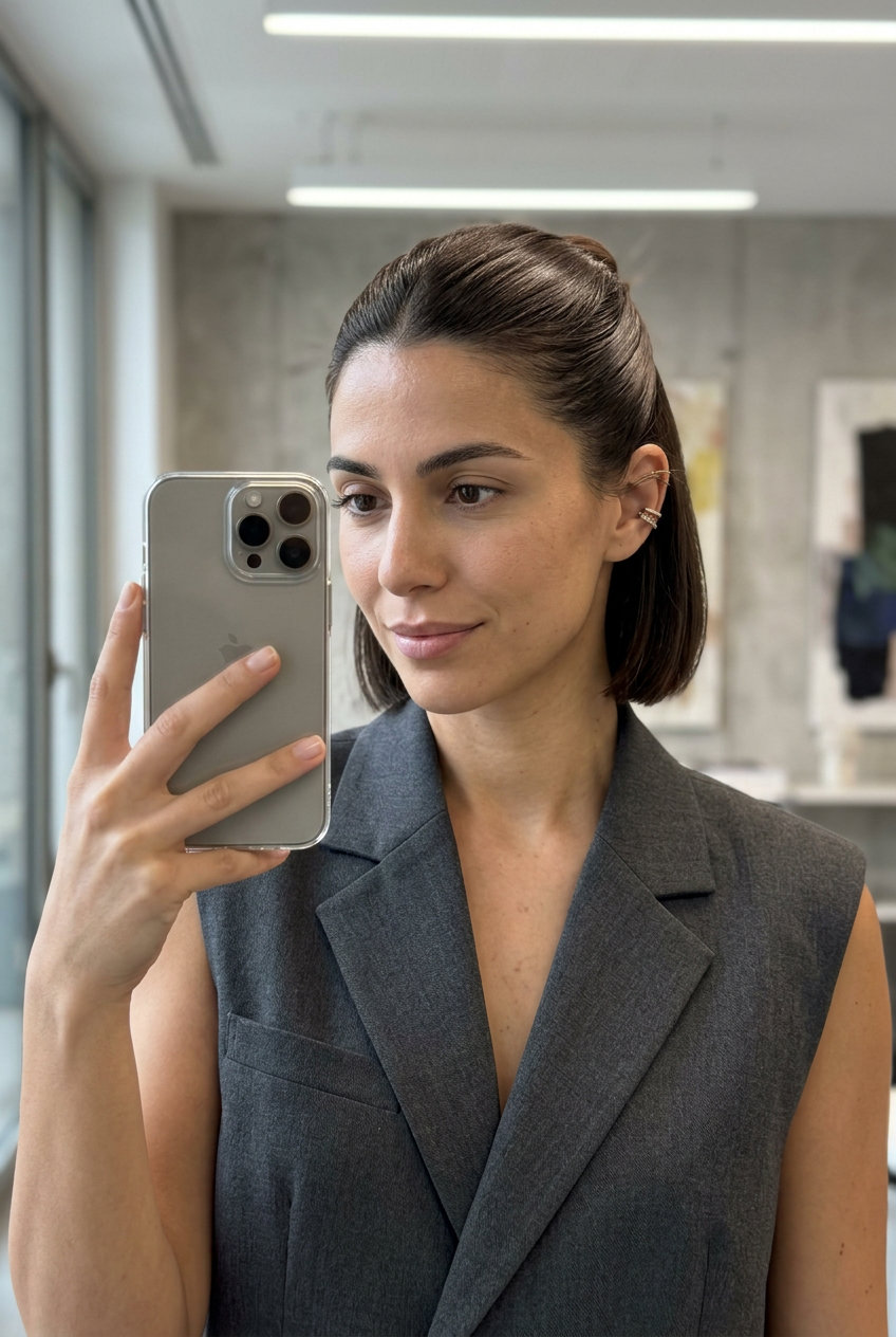 chin length blunt bob half up half down with espresso brunette, cool mocha undertones, glass hair shine — chic office style