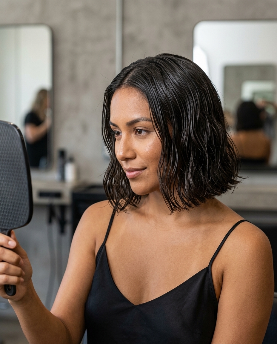 chin-length espresso brunette bob with high-shine gloss and wavy texture for beach