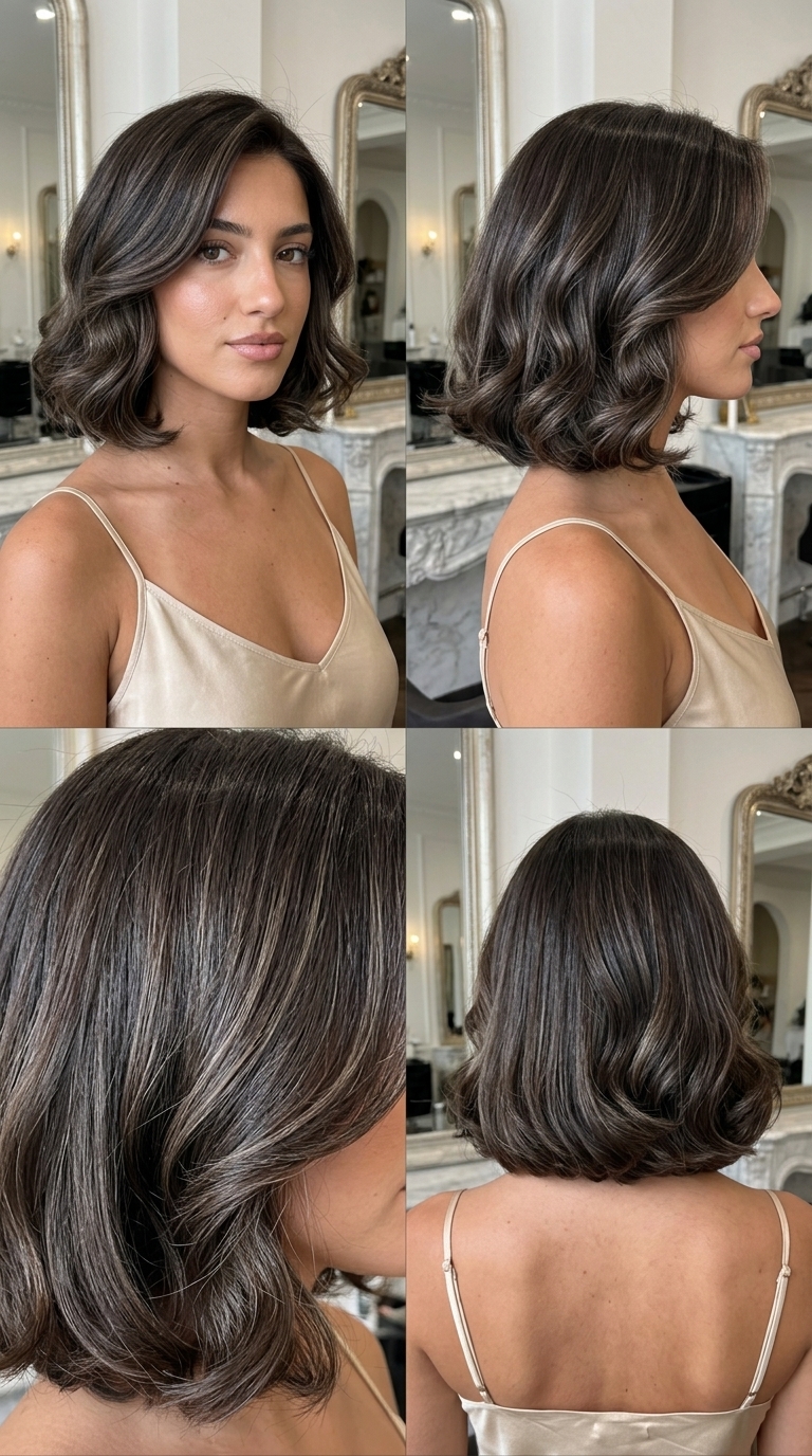 chin-length espresso brunette bob with cool ash highlights for glamorous curls