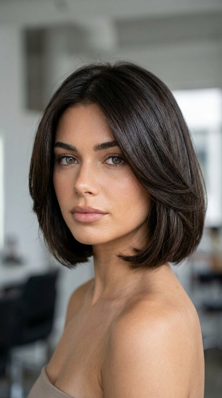 chin-length espresso brunette butterfly bob with violet undertones, sculpted layers — sophisticated office style
