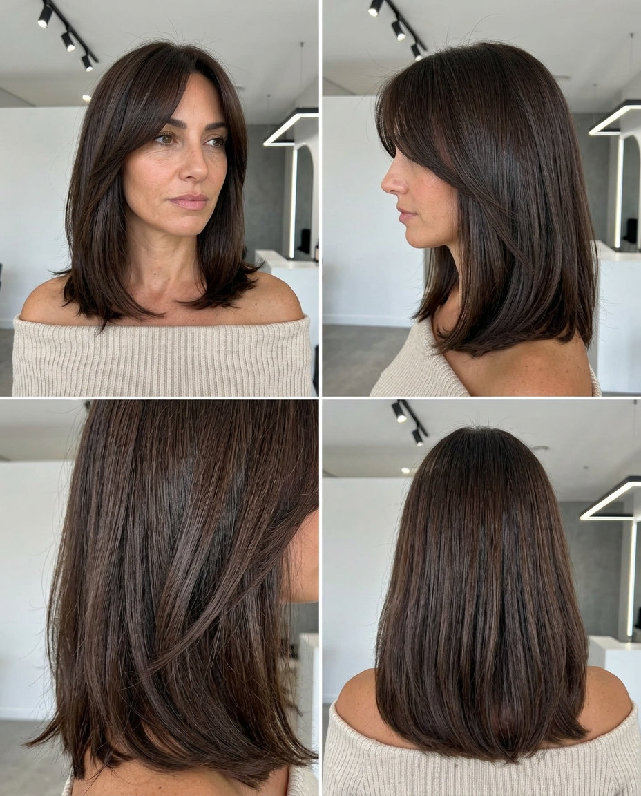 collarbone haircut with deep espresso brunette, long curtain bangs, face-framing layers — sophisticated daily