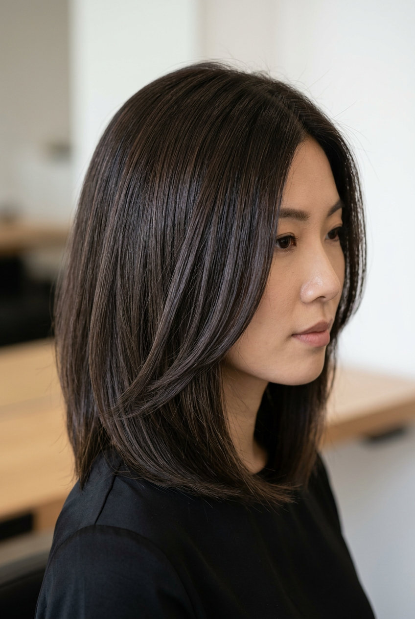 collarbone-length lob with deep espresso brunette, subtle mocha lowlights, internal layers — professional modern