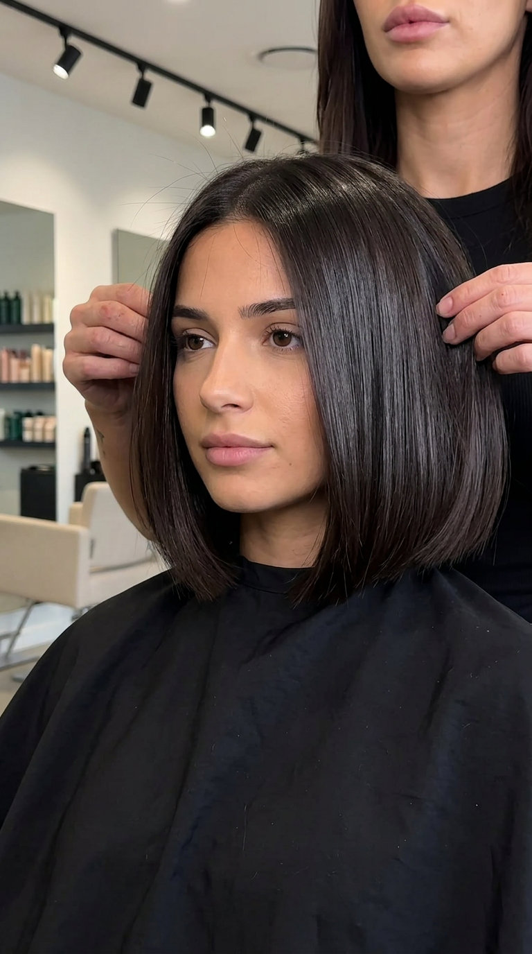 Chin-length French bob haircut in espresso martini brunette with high-gloss, blunt perimeter, no bangs — minimalist chic