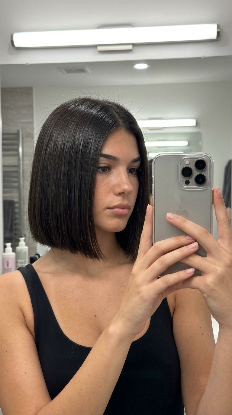 jaw-length blunt bob haircut with deep espresso brunette color for thin fine hair