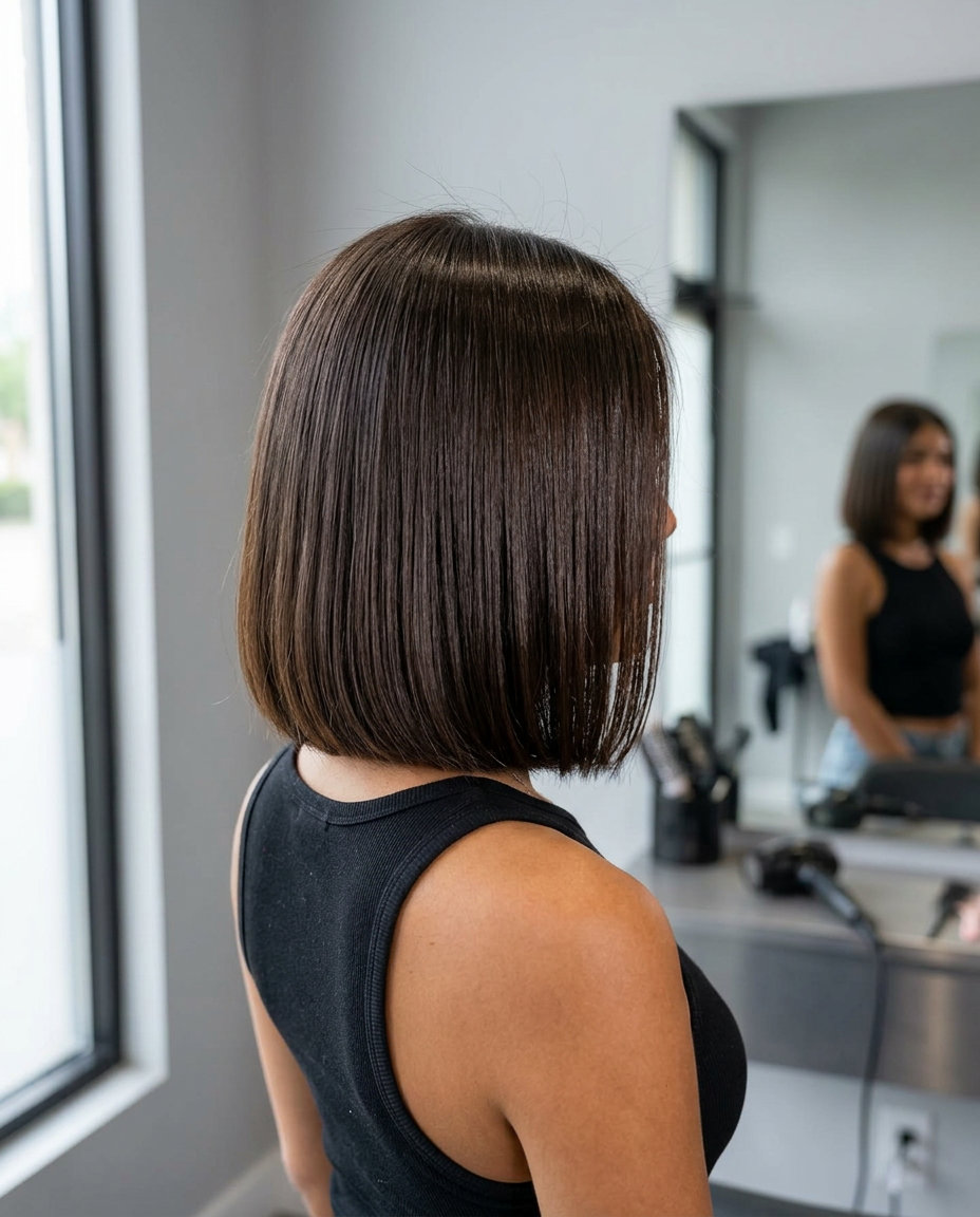 jaw-length bob haircut with espresso brunette color and undercut for thin fine hair