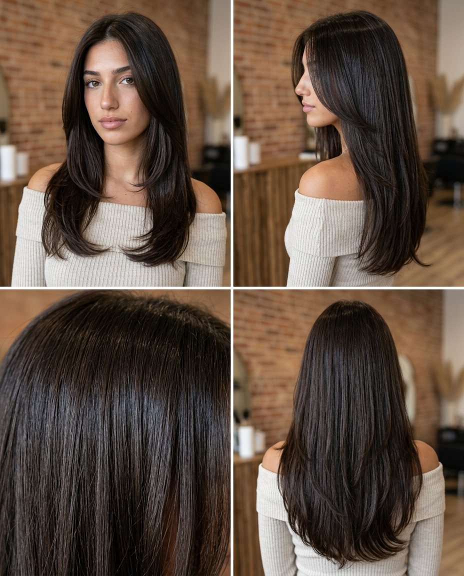 long flowing haircut with espresso color and U-shaped perimeter for thin fine hair
