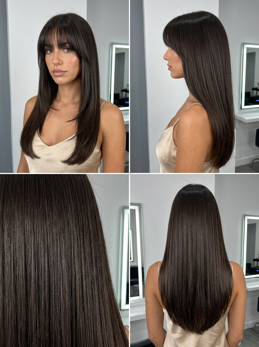 long haircuts in deep espresso brunette with cool cocoa undertones, Birkin fringe, face-framing layers, no bangs — retro and sophisticated