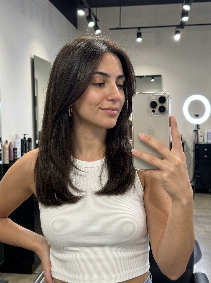 long haircuts in deep espresso brunette with ghost layers and blunt ends, no bangs — sophisticated and professional