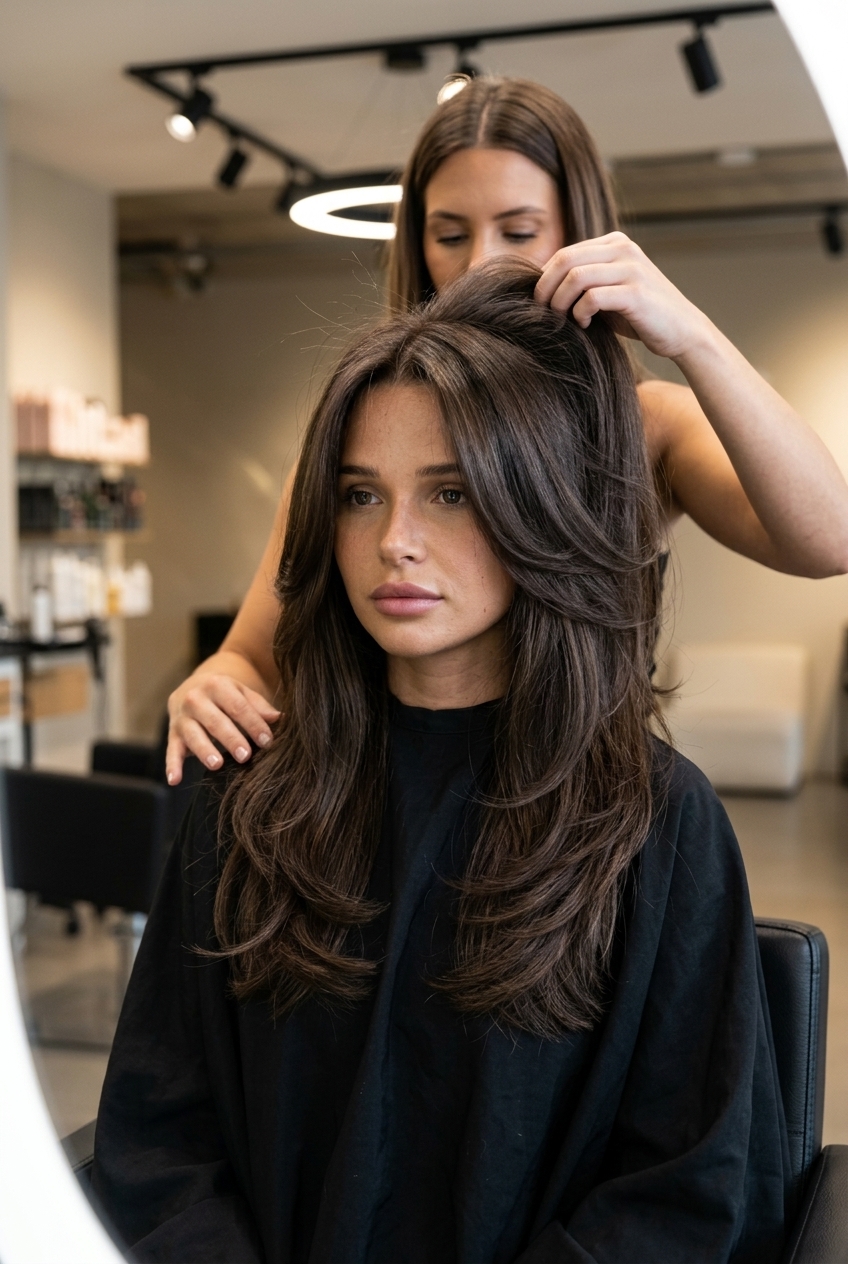 long layered haircut with deep espresso brunette, inward curving layers, no fringe — sophisticated elegant