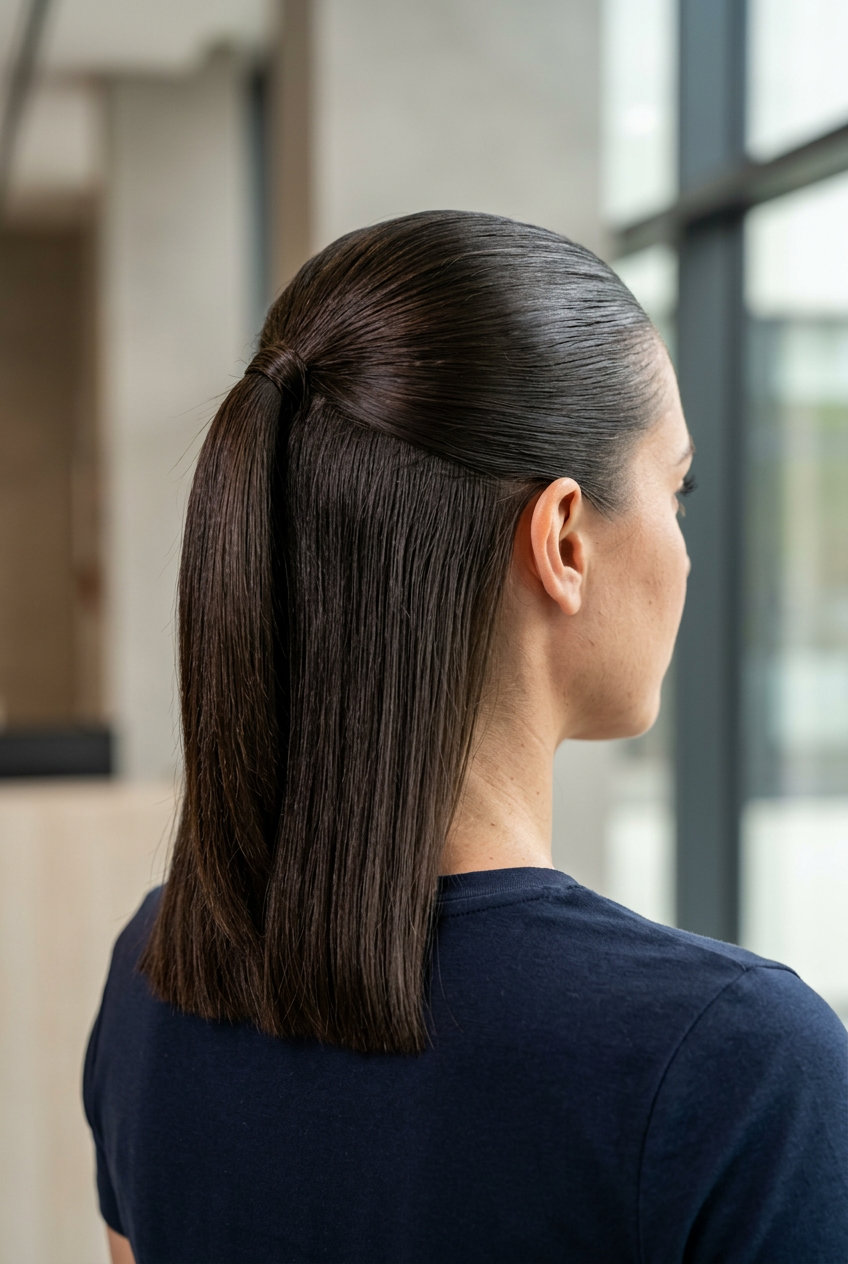 medium-length blunt cut espresso brunette half up half down with high-gloss finish, sleek, no fringe — polished professional look