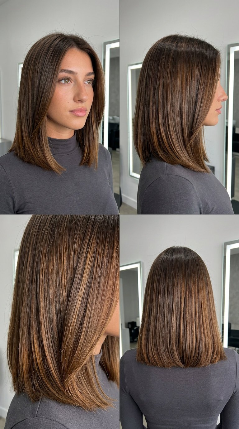 medium A-line lob haircut with espresso brunette color, high-gloss finish, and no bangs for summer