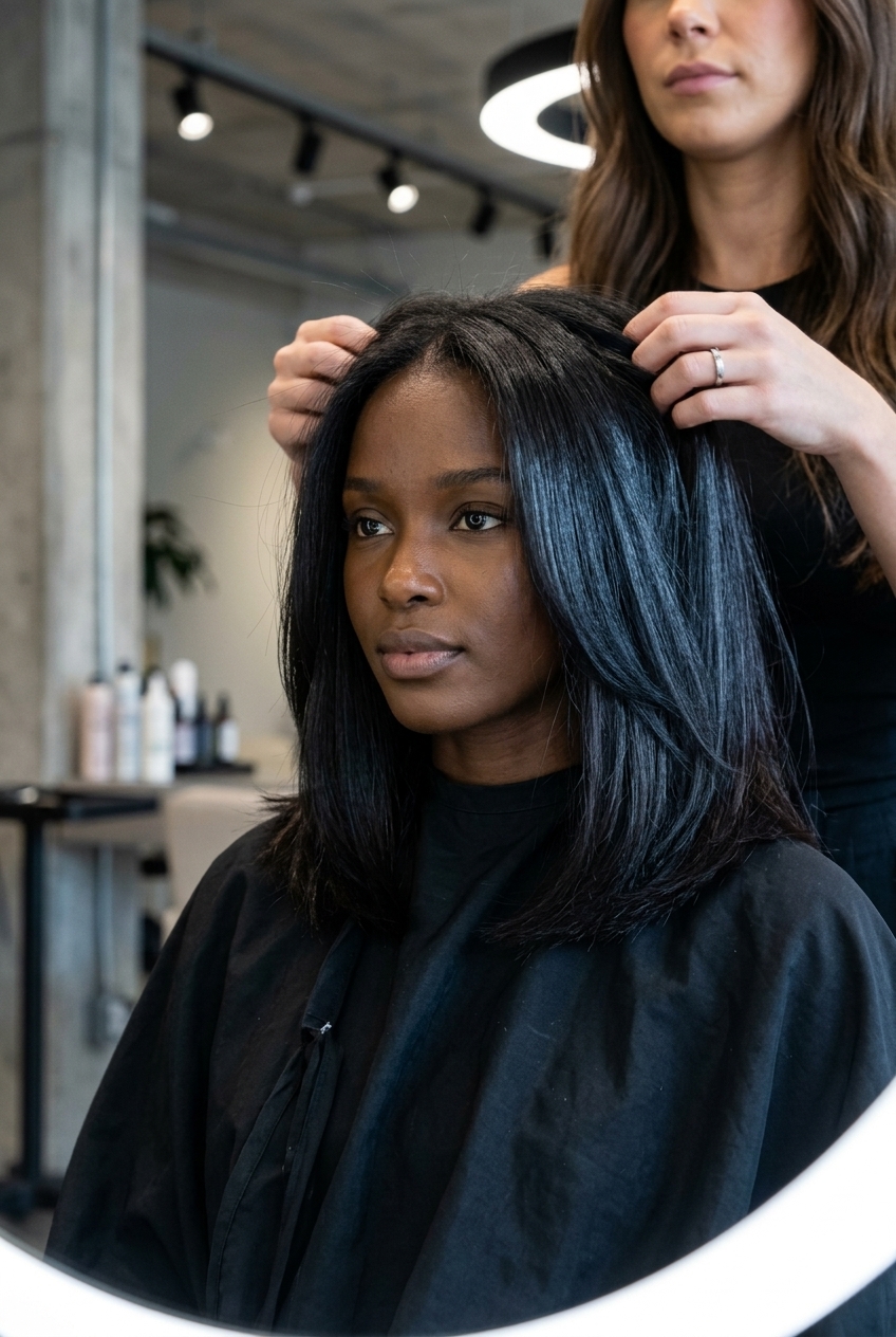 medium blunt lob haircut in deep espresso brunette with high-gloss finish, collarbone length — sleek professional style