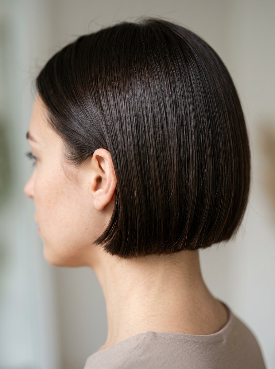 short espresso brunette bixie haircut with cool undertones and blunt cut for sleek style