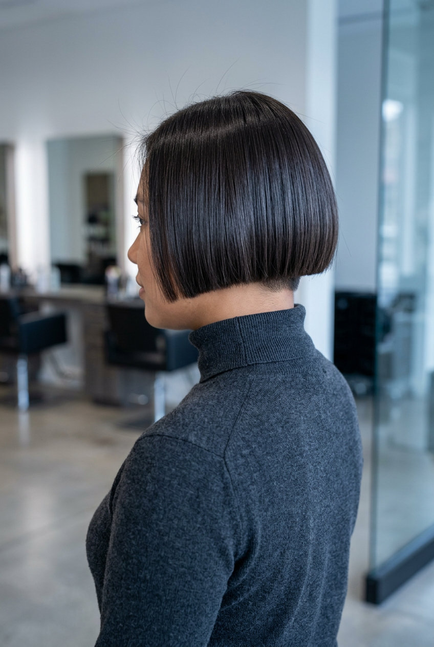 short blunt micro bob haircut in deep espresso brunette with sharp jawline cut for date night