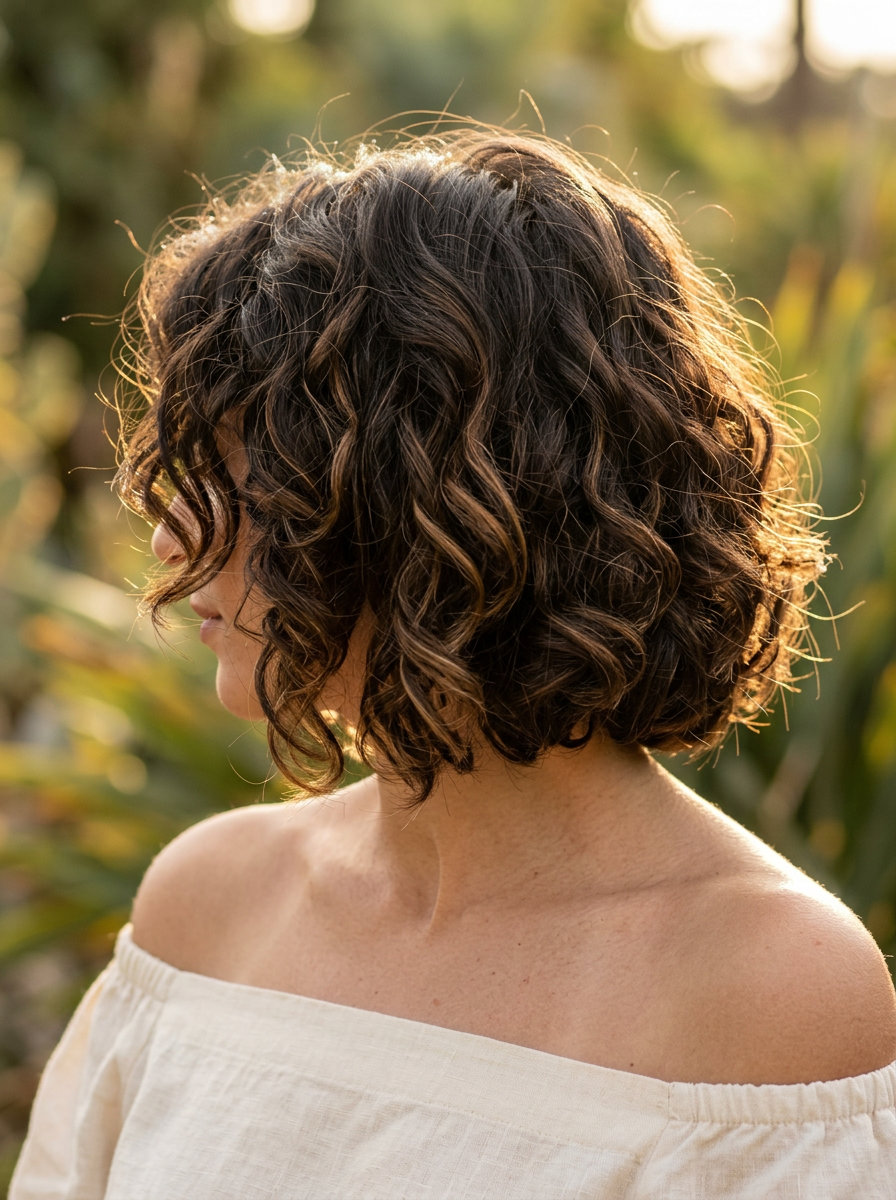 Botticelli Curls: Espresso Bob 2026 short italian bob haircut with espresso brunette, warm caramel lowlights, internal layers for curls — bohemian volume