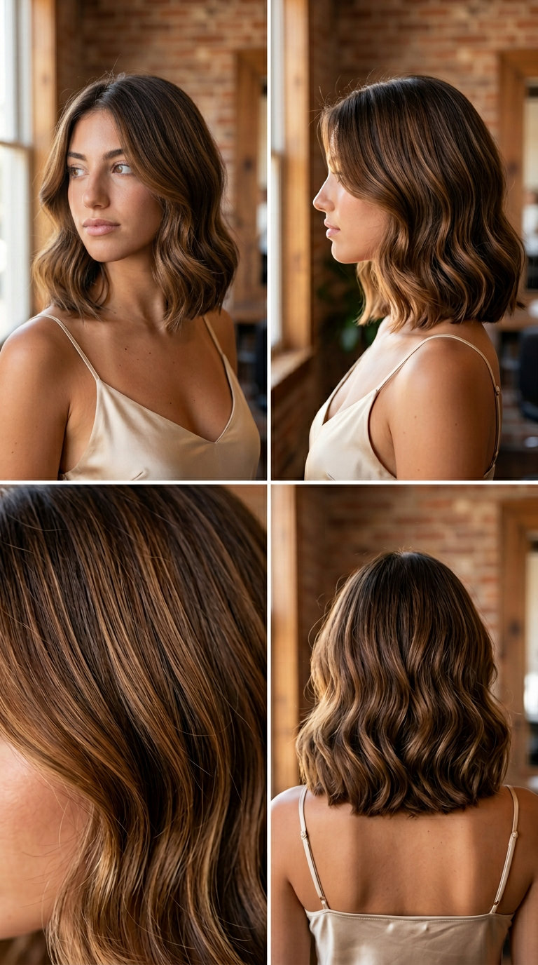 shoulder-length blunt bob in warm espresso brunette with caramel undertones, deep side part — retro glamour