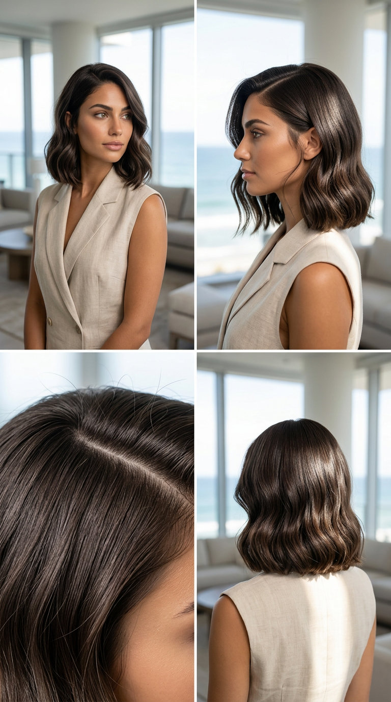 shoulder-length blunt bob wavy hairstyle with deep espresso brunette and sleek finish for summer 2026
