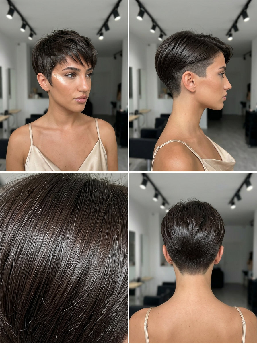 very short pixie haircut in iced espresso brunette, bold undercut with blunt top for professional look