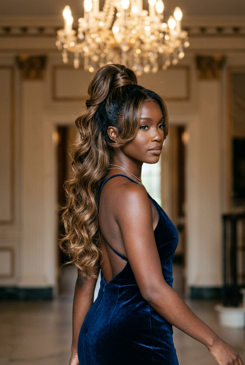 long layered half up half down with espresso ombré, caramel highlights, golden babylights — glamorous summer wedding style