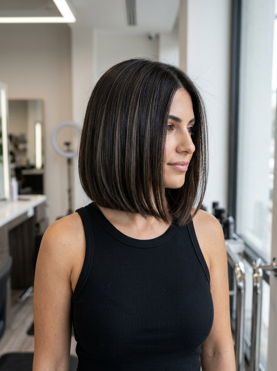 chin-length espresso bob with micro-lowlights and blunt ends — chic polished look