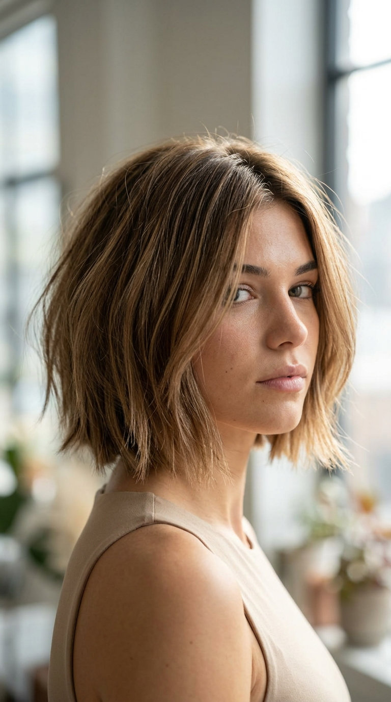 chin-length angled bob with smoked caramel highlights and beige undertones — edgy