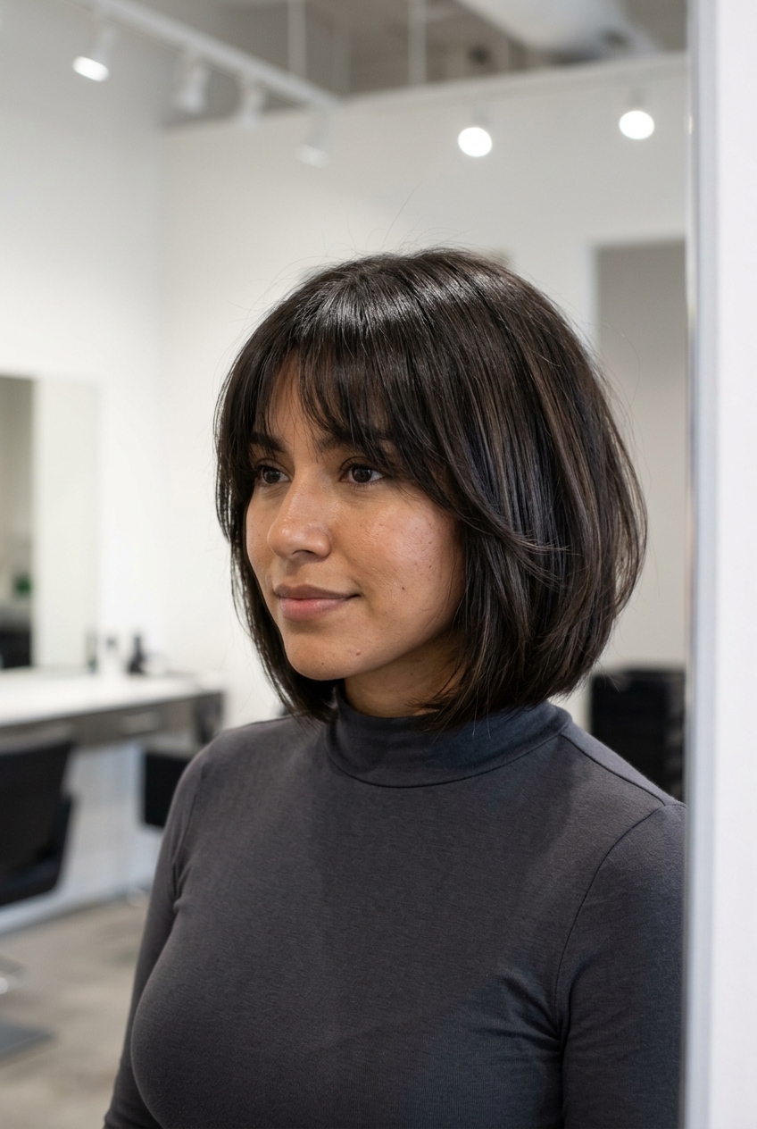 chin-length shag haircut in espresso with mocha ribbons and wispy fringe for polished look