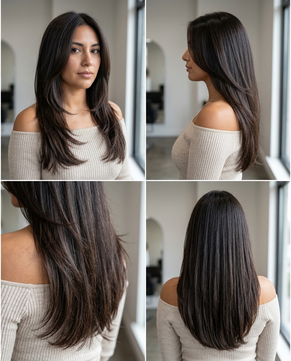 long haircuts in deep espresso with cool cocoa lowlights, seamless butterfly layers, no bangs — glamorous and bold