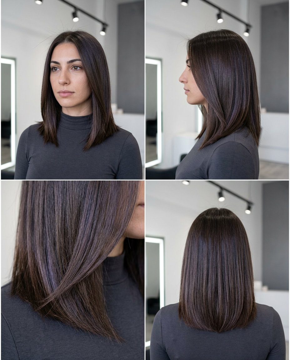 collarbone-length espresso midi haircut with dimensional gloss and blunt ends — sophisticated office wear