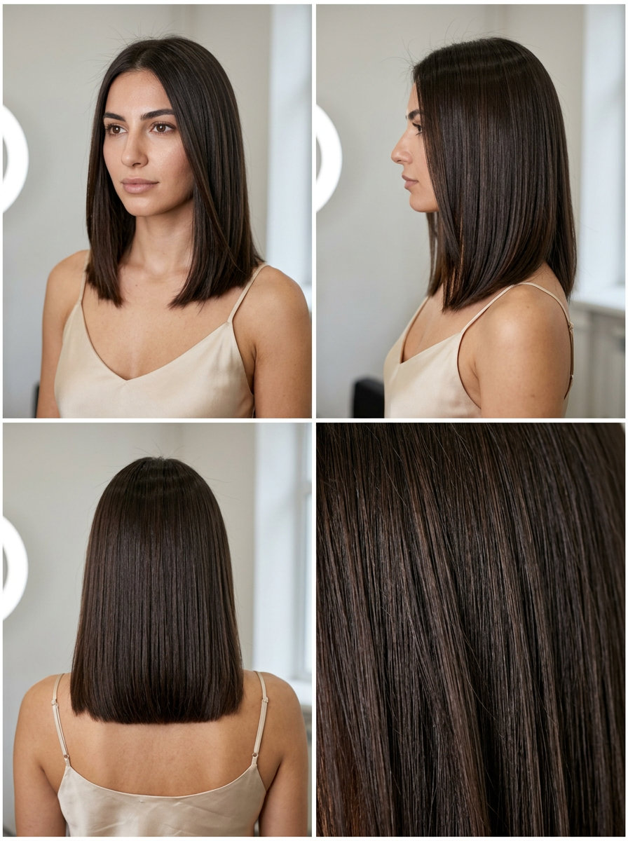 collarbone-length espresso midi with blunt ends and dimensional lowlights — sleek sophisticated style