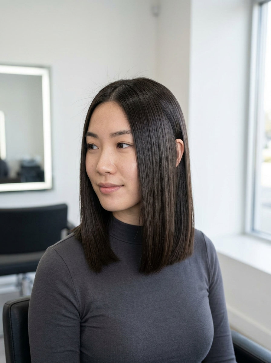 collarbone-length lob haircut with espresso brunette & cool undertones, blunt perimeter & center part for round faces