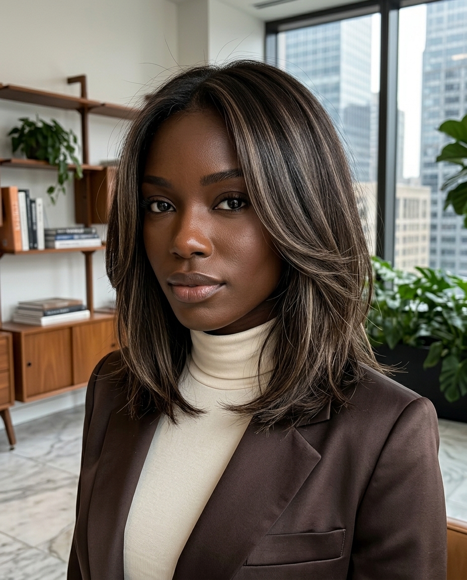 collarbone wolf lob with deep espresso & ash highlights, subtle layering, curtain bangs — sophisticated