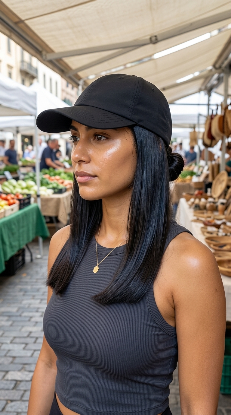 long blunt haircut with espresso gloss color, zero layers, and sleek finish for summer