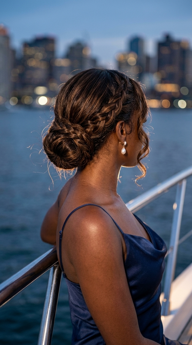 long espresso braided low bun with face-framing tendrils, no fringe — elegant romantic event