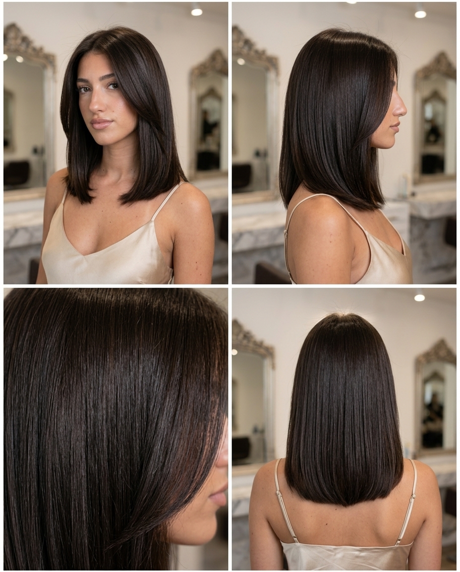 Expensive Brunette All-Over 2026 long one-length brunette with deep espresso, all-over permanent color, sophisticated summer hair color