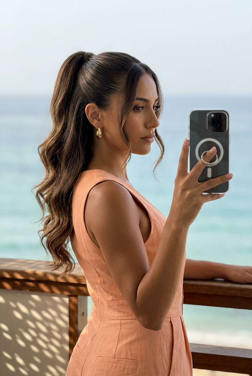 long espresso brunette wavy hairstyle with mocha lowlights, sleek high ponytail with wavy ends for summer
