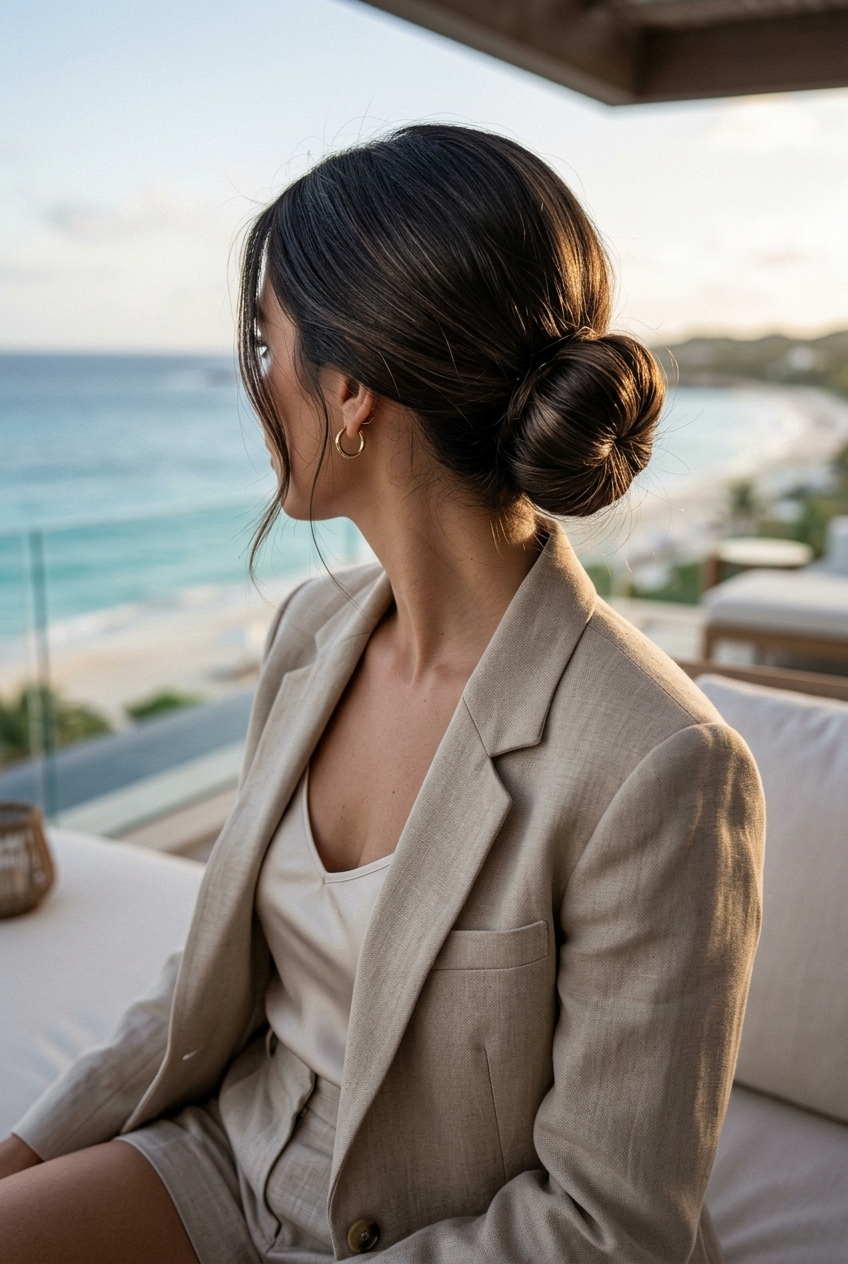 long deep espresso low bun with subtle shimmer highlights, sculpted, no fringe — sophisticated professional