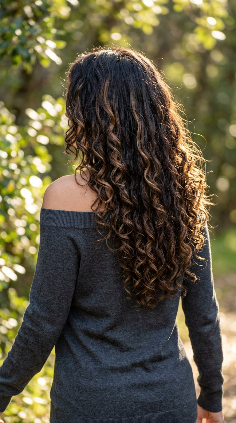 long espresso hair with caramel halo highlights and natural waves — vibrant outdoor event