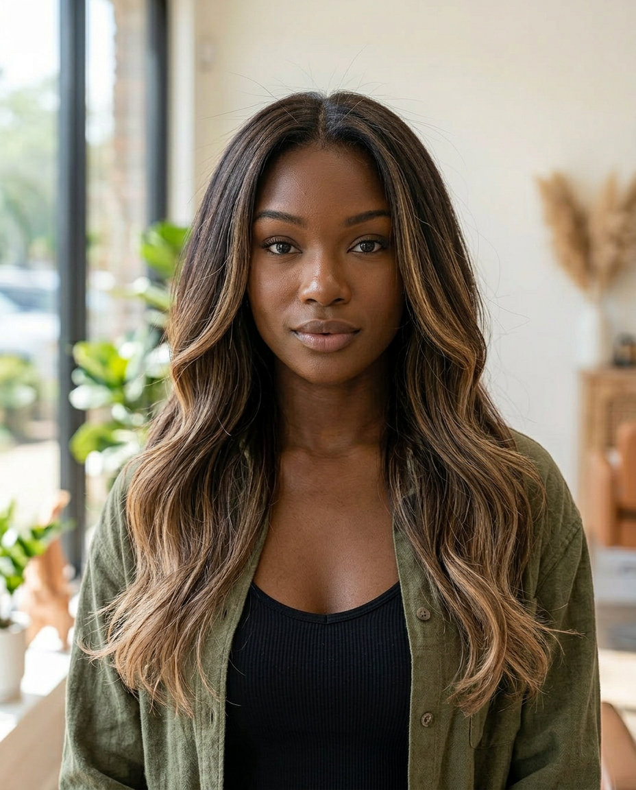 long espresso brunette dimensional hair color with soft beige tip-out ends, balayage technique — bohemian playful