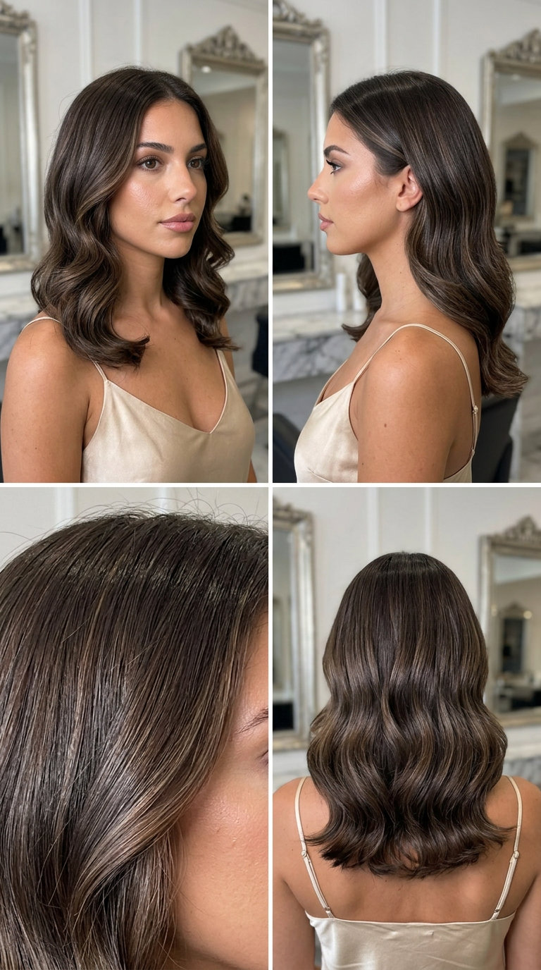 long smoked espresso dimensional hair color with cool lowlights, internal balayage technique — retro glamorous