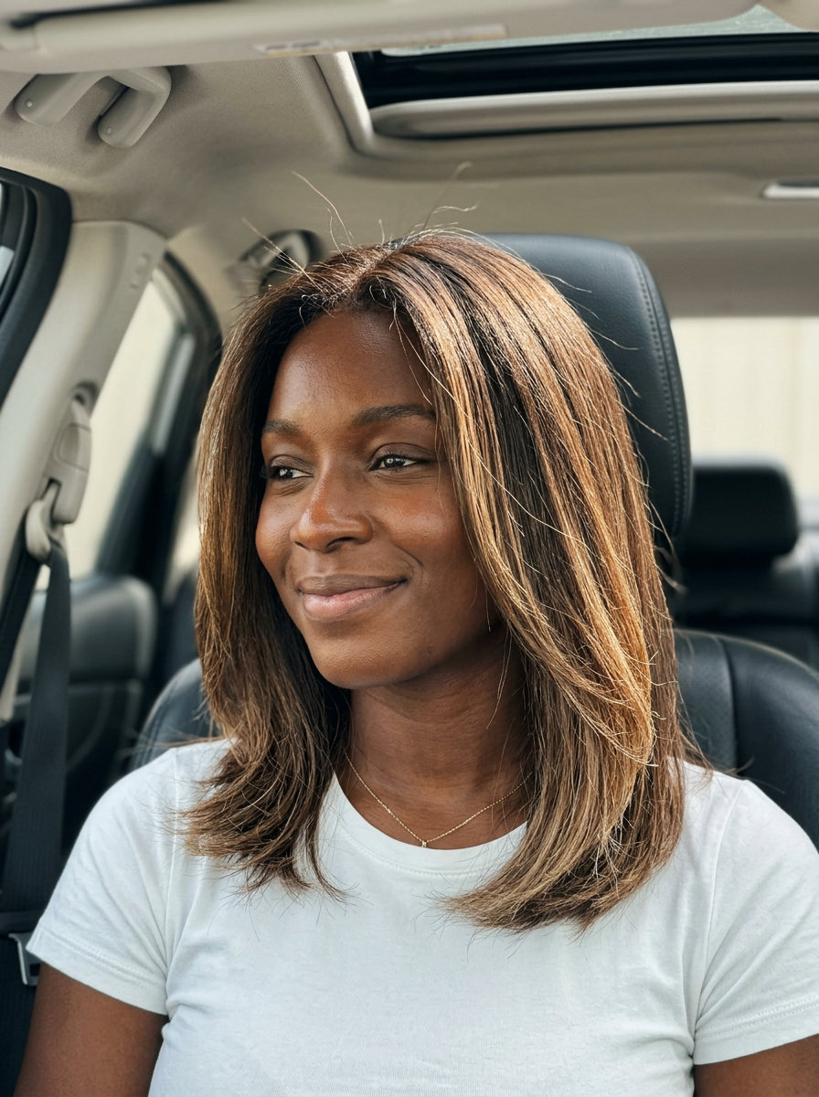long espresso brunette dimensional hair color with creamy beige micro-lights, tip-out technique — chic professional