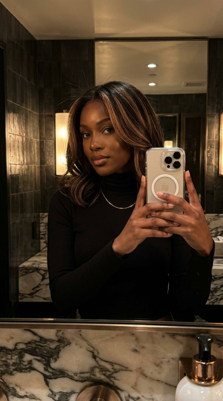 long espresso brunette dimensional hair color with warm mocha ribbons, slicing technique — bold dramatic