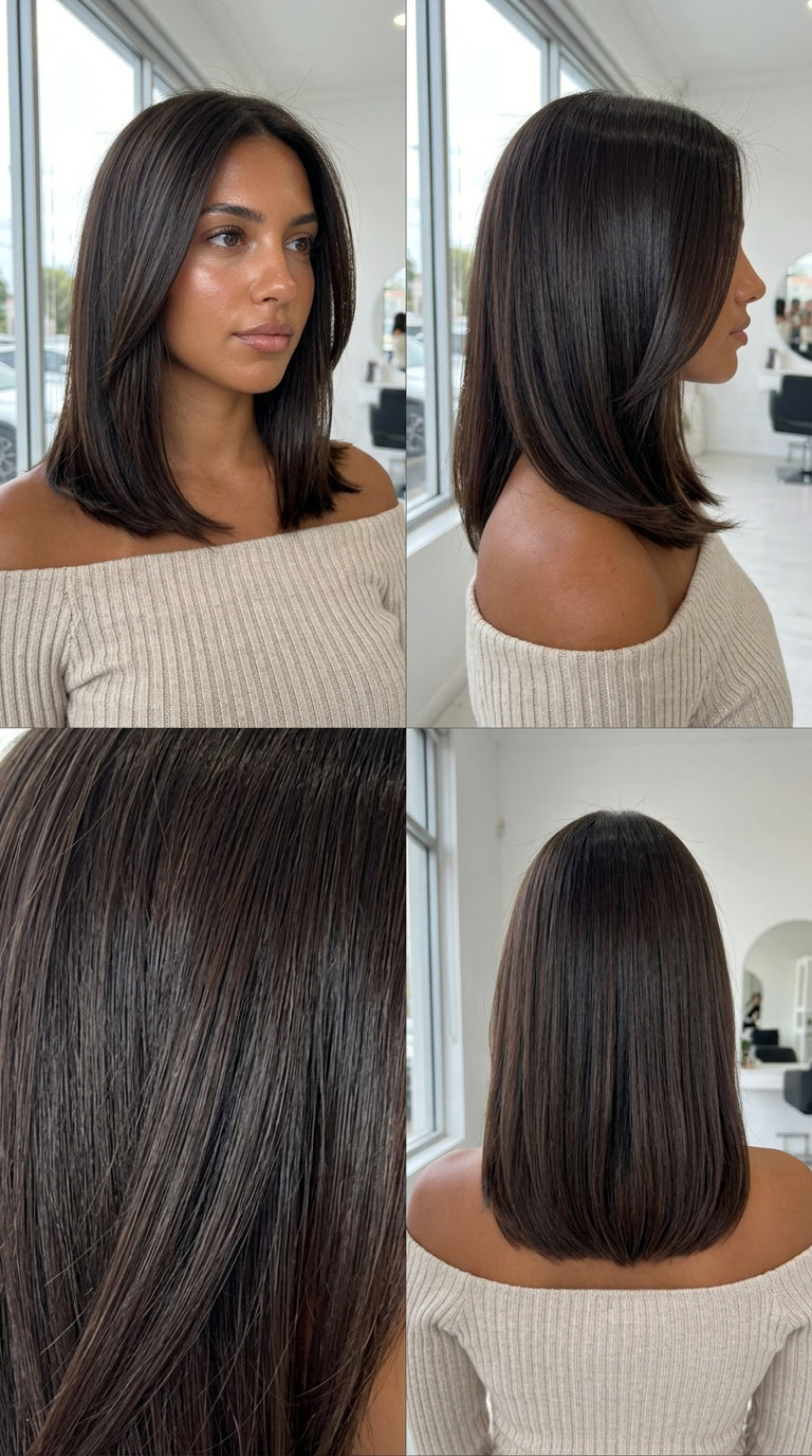 long espresso brown haircut with cool undertones and mirror shine for luxury