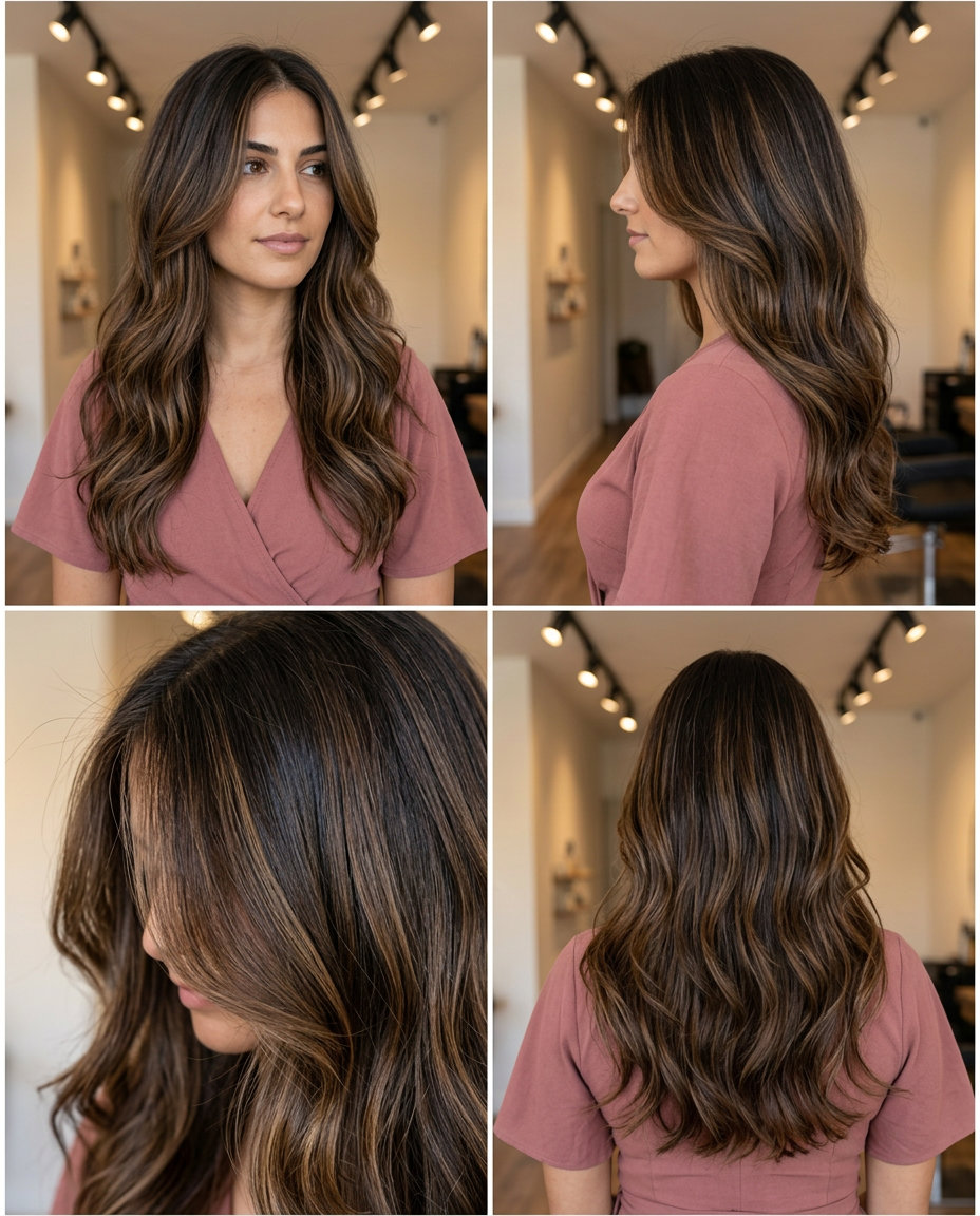 long espresso brunette haircut with caramel balayage and face-framing layers for summer