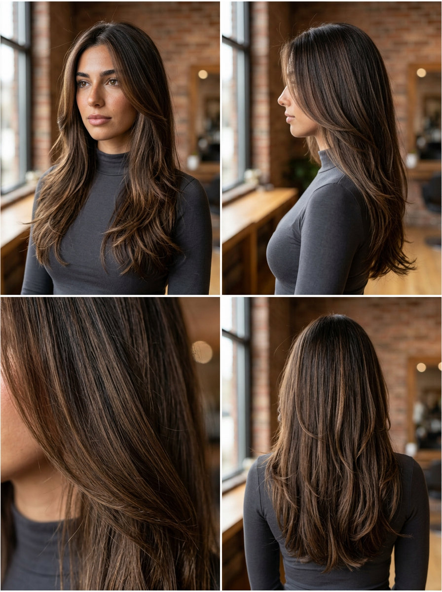 long layered espresso hair with bitter chocolate balayage — effortless bohemian style